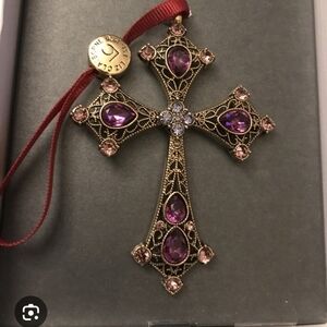 Liz Claiborne Elegant Gold/ Brass Cross Ornament w Purple Amethyst Jewels 2018